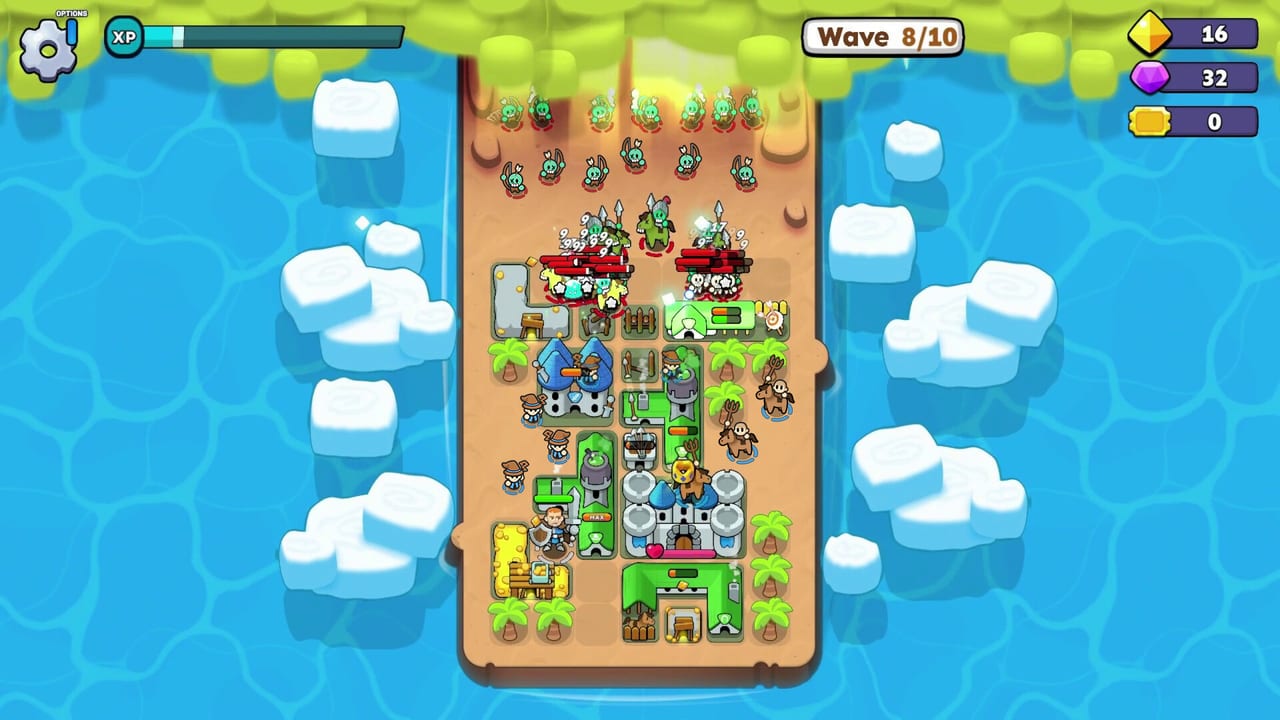 Fortress Merge combat on a sandy lane as slimes crash into barricades, turrets, and a hero while the castle holds the back line